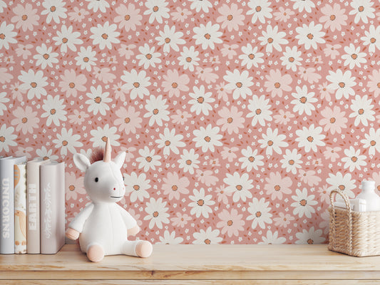 Pink Daisy peel and stick wallpaper room mockup