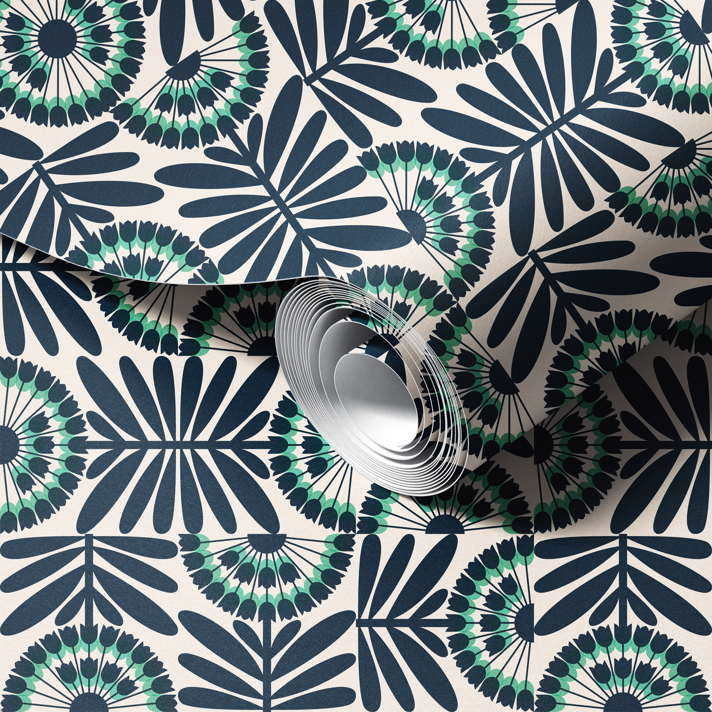 Roll of wallpaper with a blue and green floral pattern on a white background