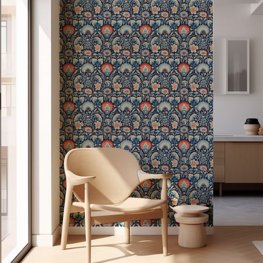 Art Deco Red and Blue Flowers Wallpaper