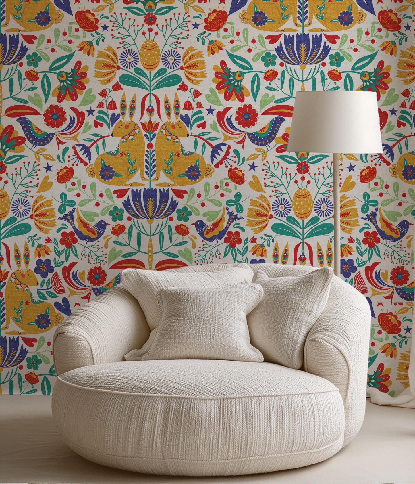 Scandinavian Rabbit Garden White Wallpaper