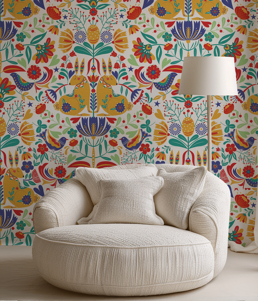 Scandinavian Rabbit Garden White Wallpaper