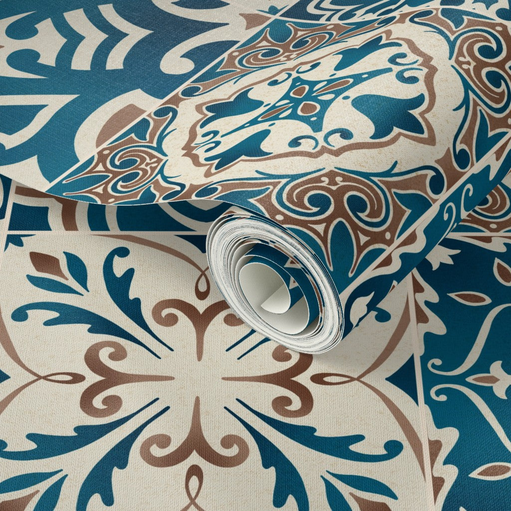 Roll of decorative wallpaper with blue and brown pattern