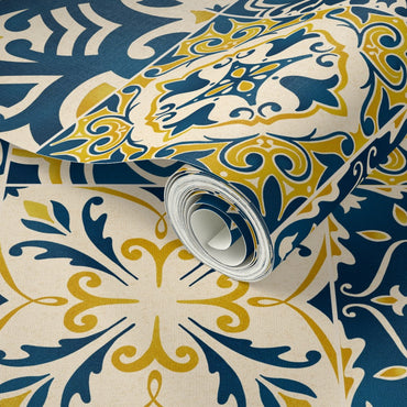 Roll of decorative paper with blue and gold pattern