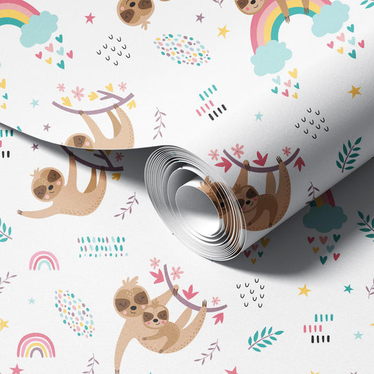 Sloths and Rainbows peel and stick wallpaper room mockup