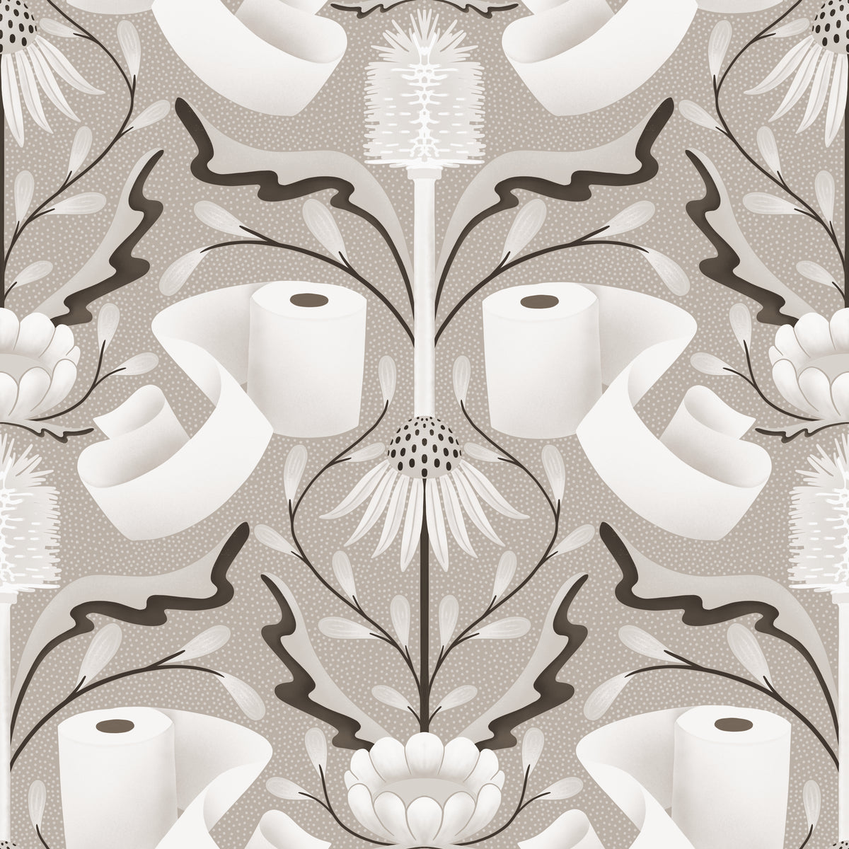 Patterned wallpaper with toilet paper rolls and floral elements on a beige background
