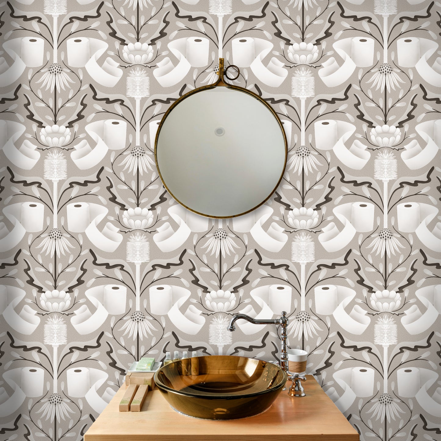Decorative bathroom with gold sink, mirror, and patterned toilet paper wallpaper