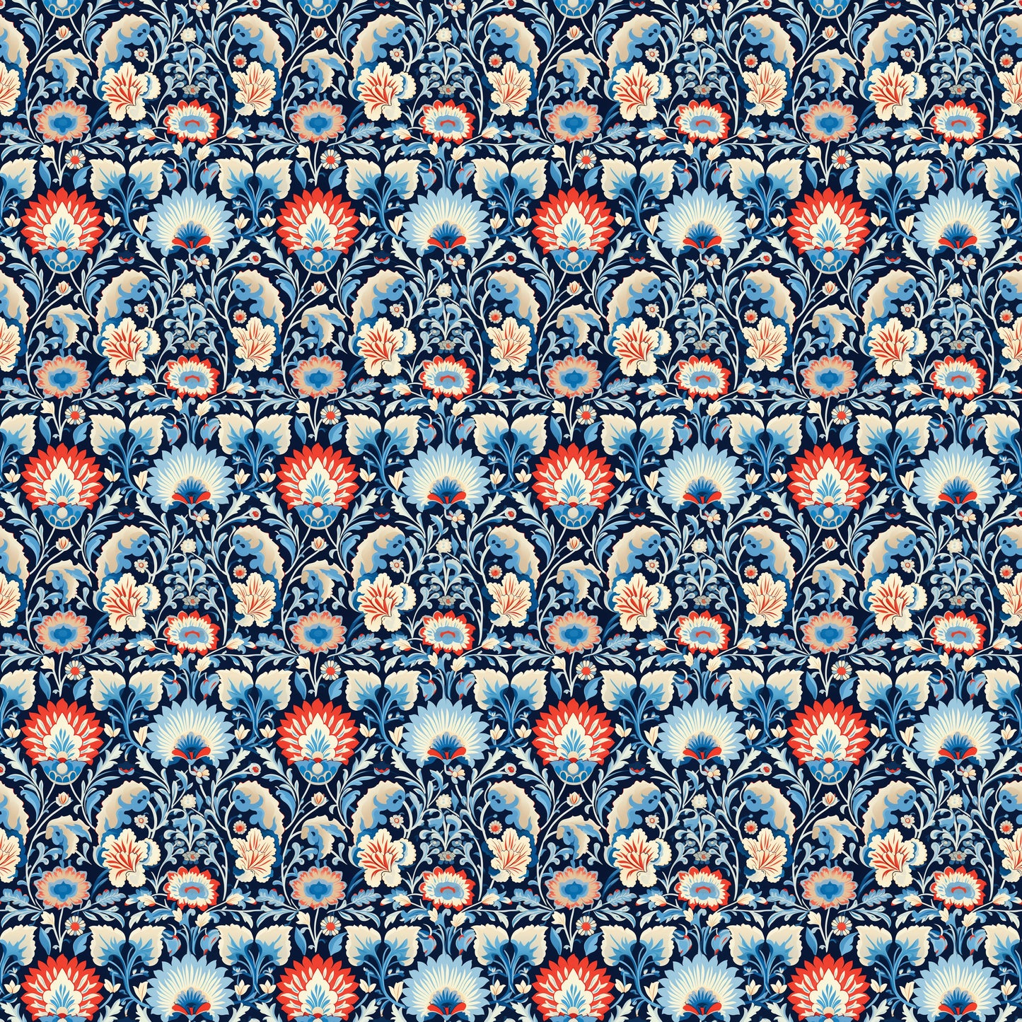 Art Deco Red and Blue Flowers Wallpaper