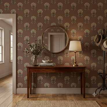 Brown Vintage Botanical Floral wallpaper with a repeating floral motif in a traditional entryway.