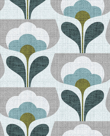 Pattern of stylized flowers in green and gray on a light blue background