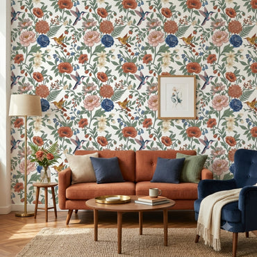 Whimsical Hummingbird Garden peel and stick wallpaper with colorful flowers and hummingbirds styled in a cozy living room