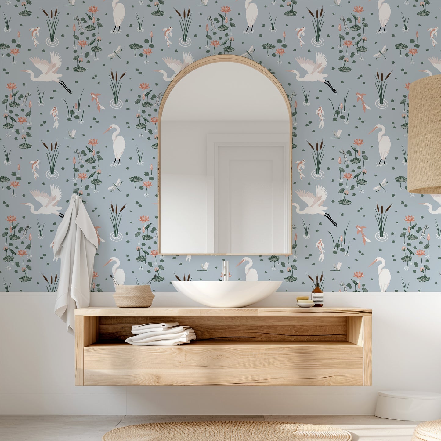 White Heron Koi Pond Wallpaper