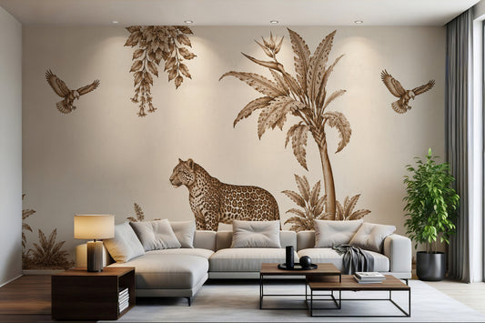 Wild Reverie sepia wallpaper mural with a leopard, tropical palms and a bird in flight