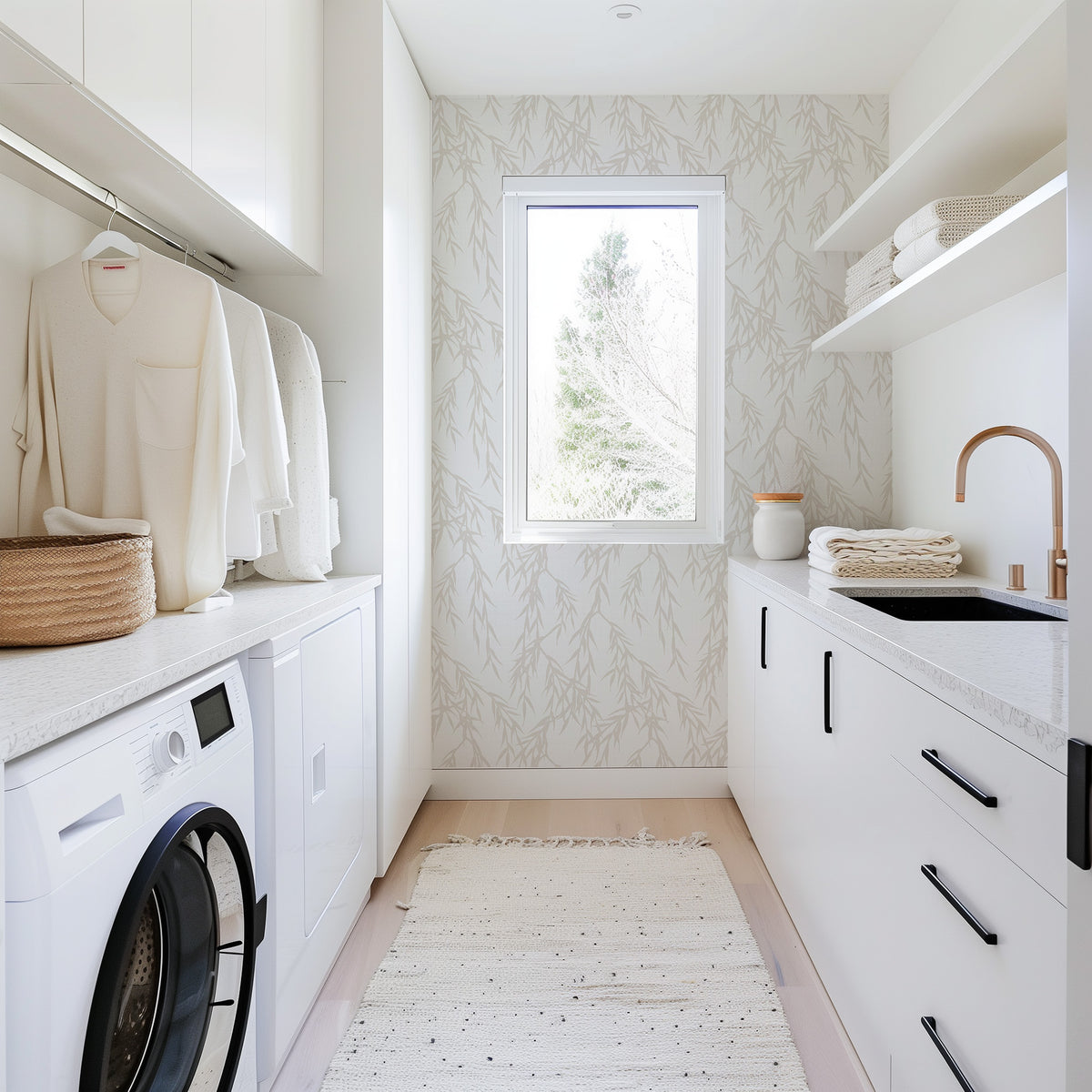 Modern laundry room with washing machine, shelves, and window