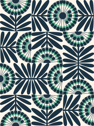 Pattern of blue and green floral designs on a white background