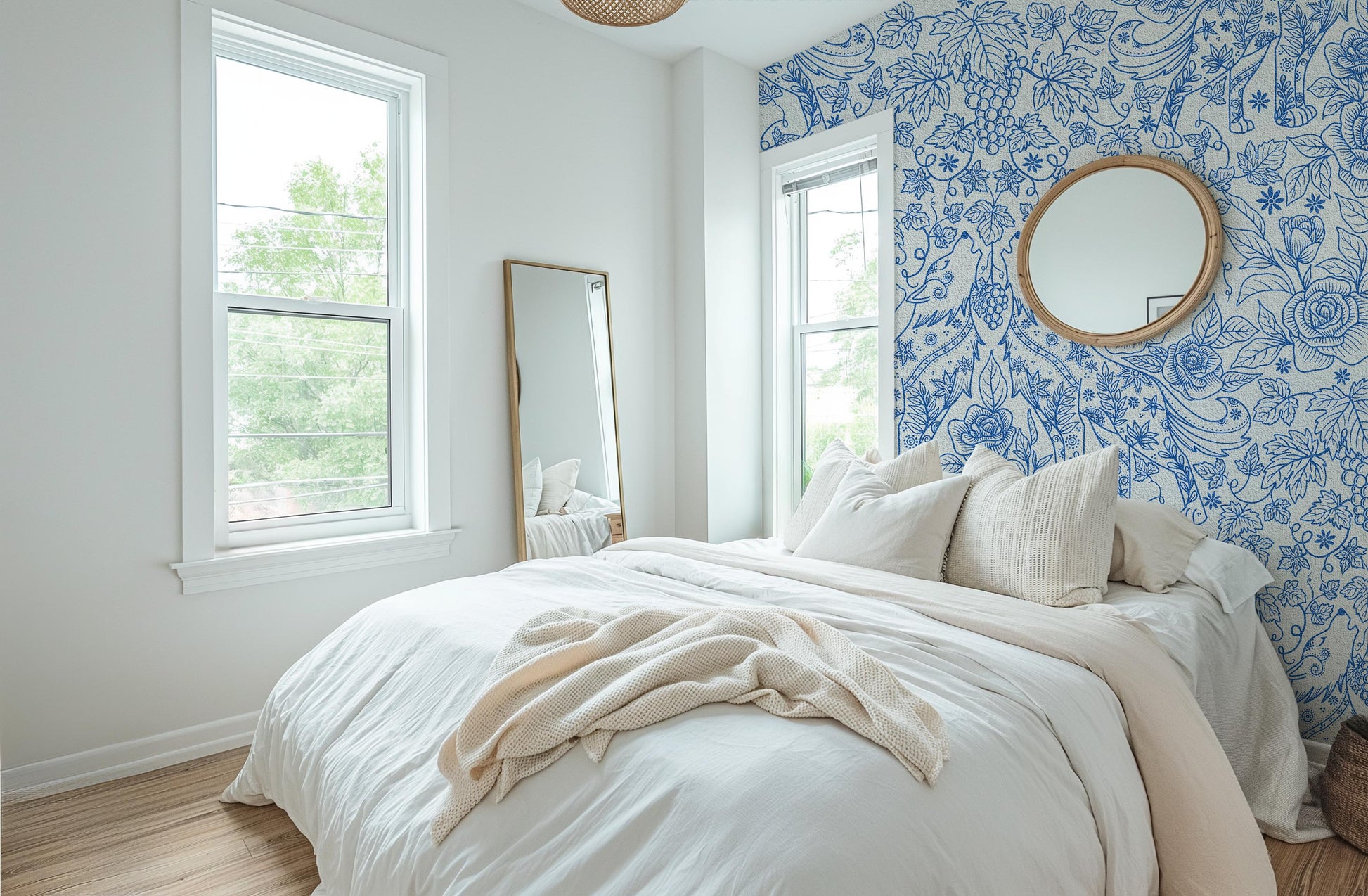 Wolf folk art wallpaper in bedroom