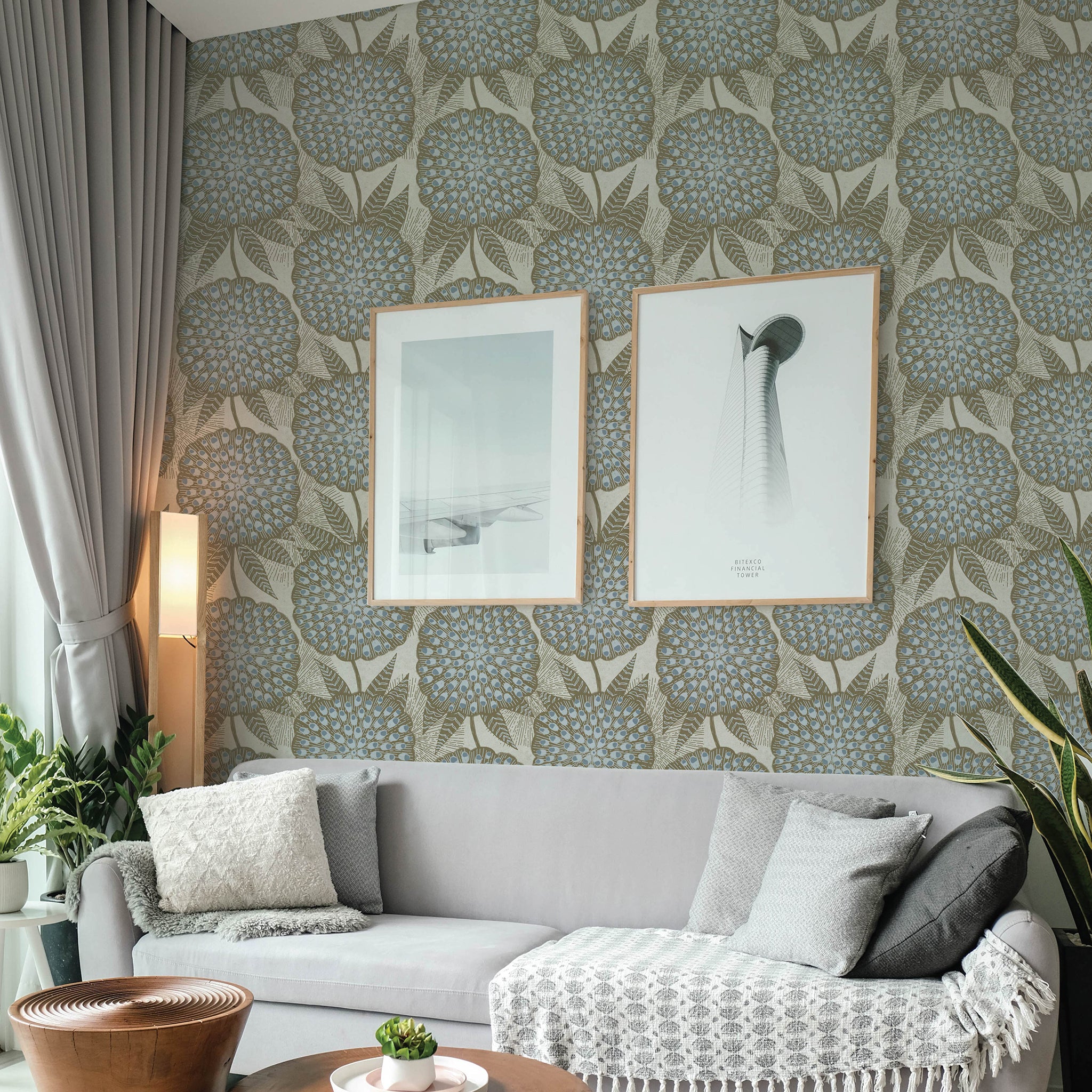 Living room mockup with blue and brown merigolds.
