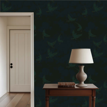 Flight Dark Green peel and stick wallpaper room mockup