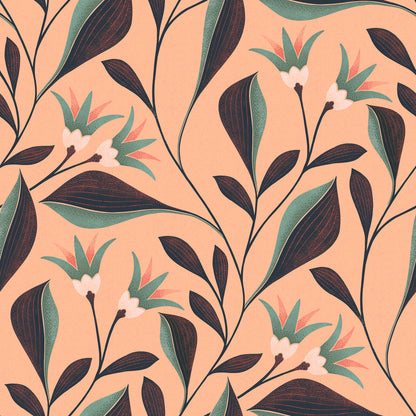 Floral pattern with leaves and flowers on a peach background