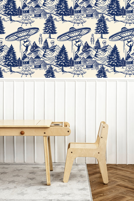 Alien Abduction Toile De Jouy Peel and Stick Wallpaper