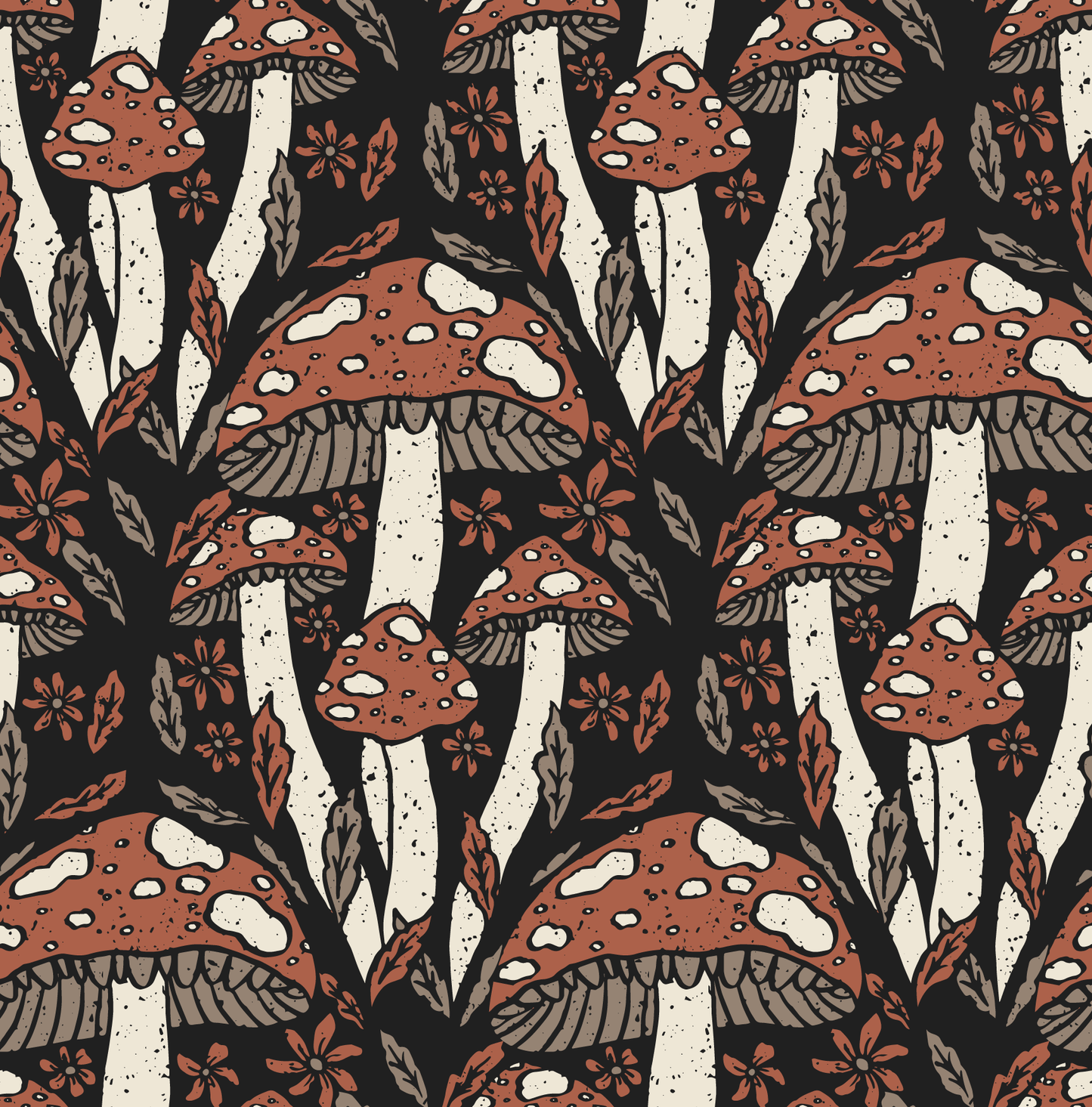 Pattern of red and brown mushrooms with white spots on a black background