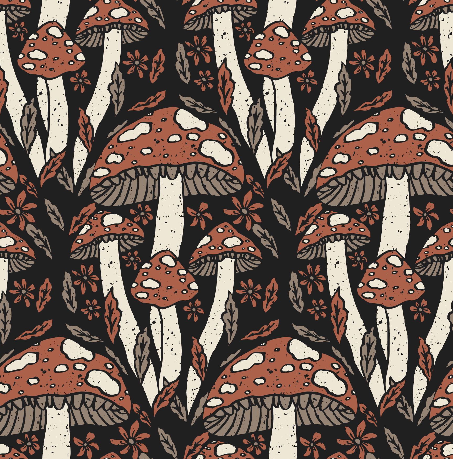 Pattern of red and brown mushrooms with white spots on a black background