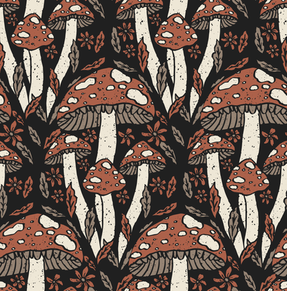 Pattern of red and brown mushrooms with white spots on a black background