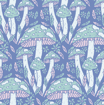 Pattern of green and pink mushrooms on a blue background