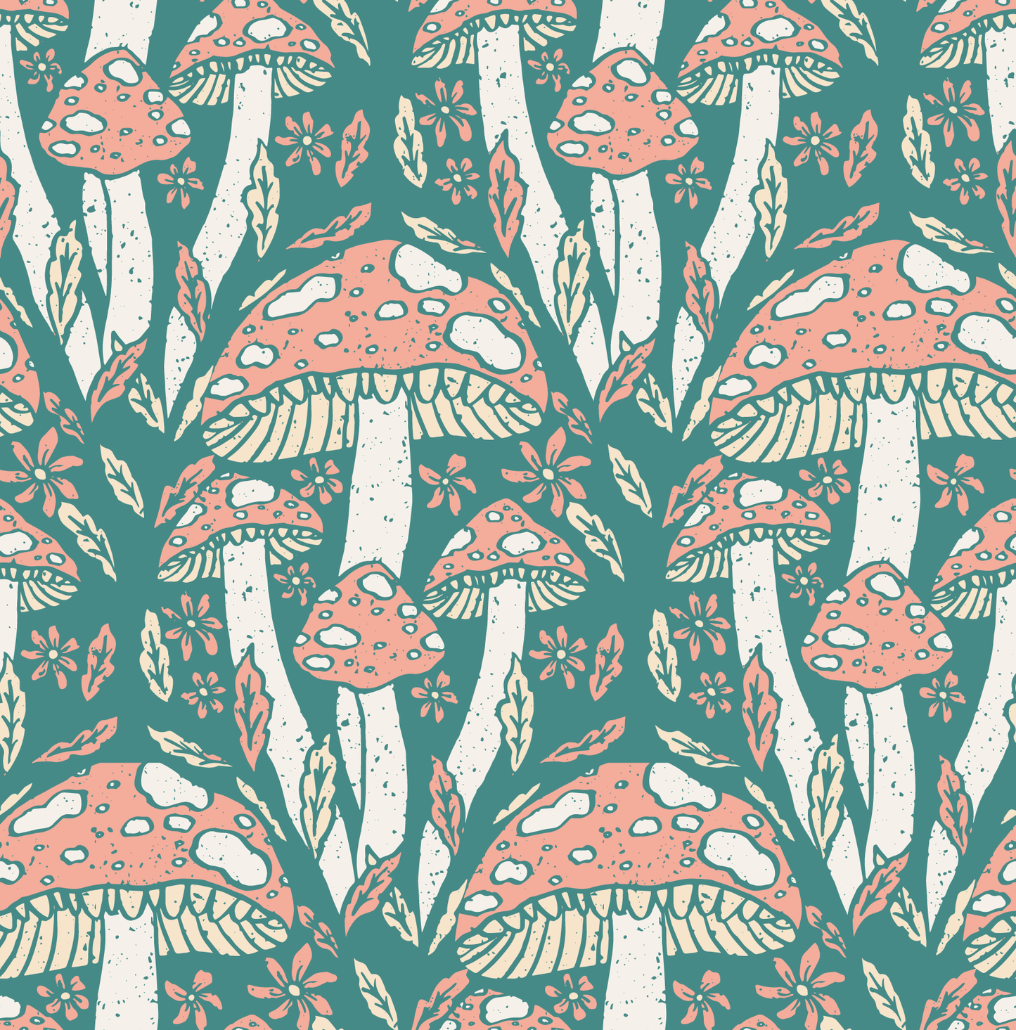 Pattern of pink and white mushrooms on a teal background