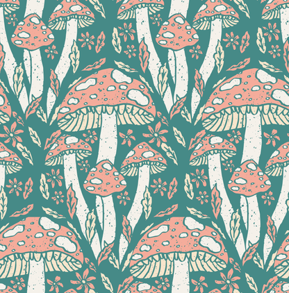 Pattern of pink and white mushrooms on a teal background