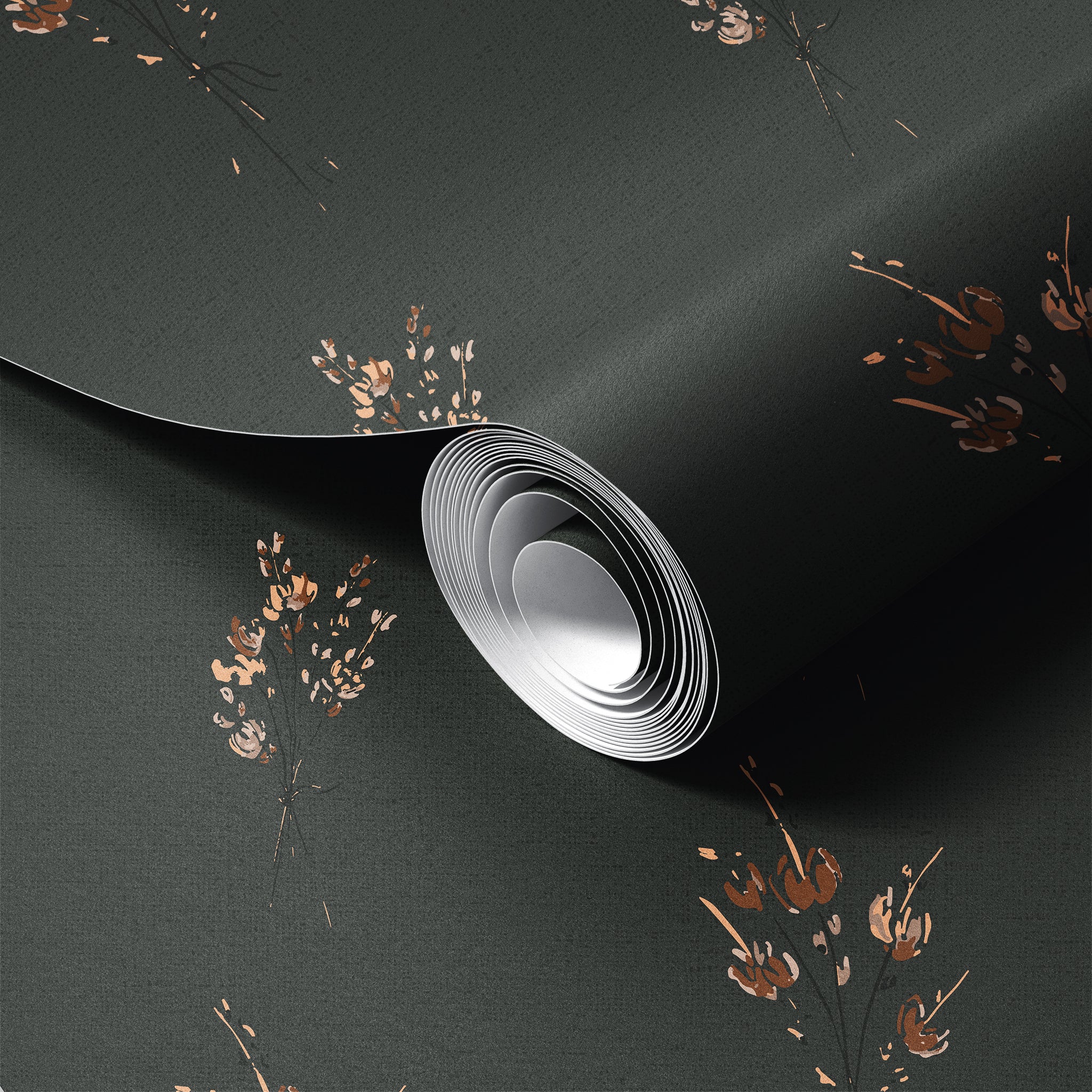 Roll of green wallpaper with orange and yellow florals.