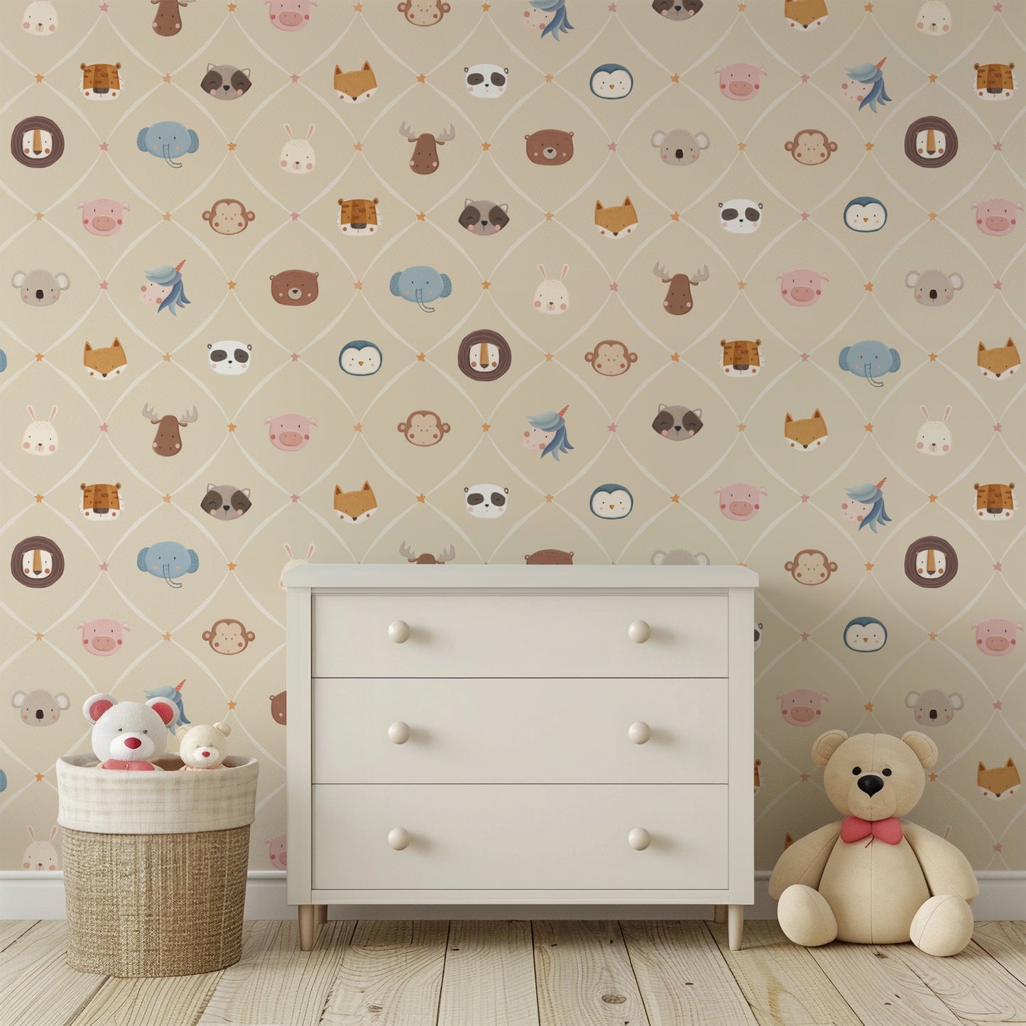 Animal Faces in Diamond Shapes Peel and Stick Wallpaper - Animals, Nursery, Illustration