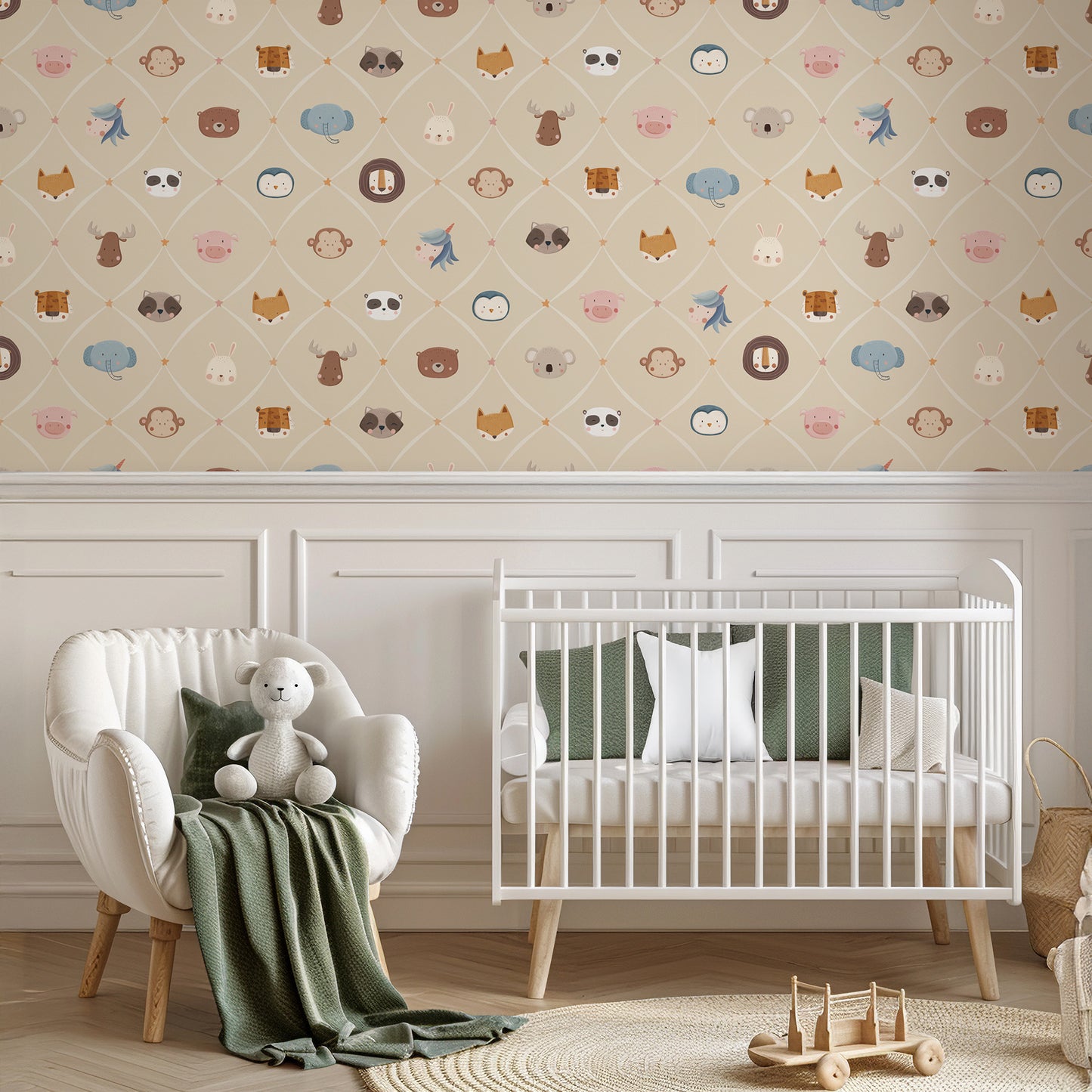 Animal Faces in Diamond Shapes Peel and Stick Wallpaper - Animals, Nursery, Illustration