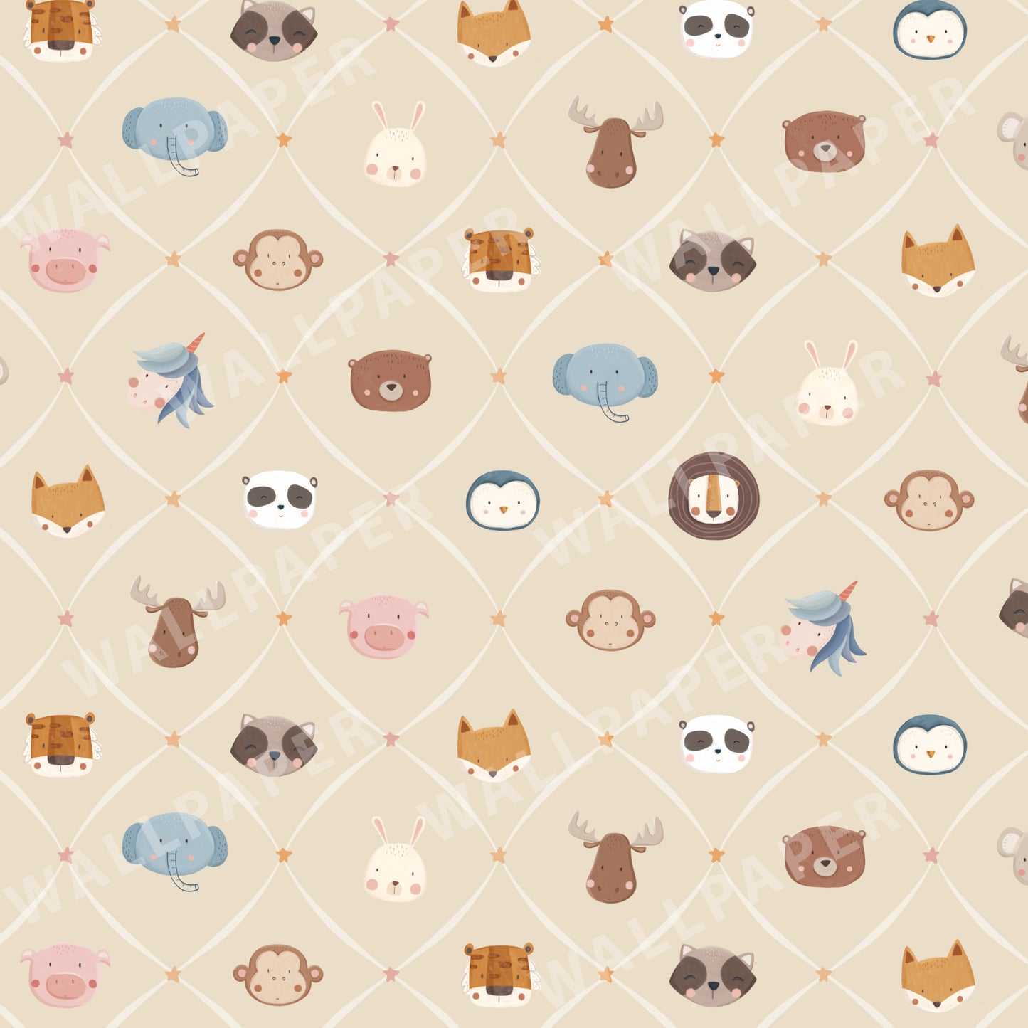 Animal Faces in Diamond Shapes Peel and Stick Wallpaper - Animals, Nursery, Illustration