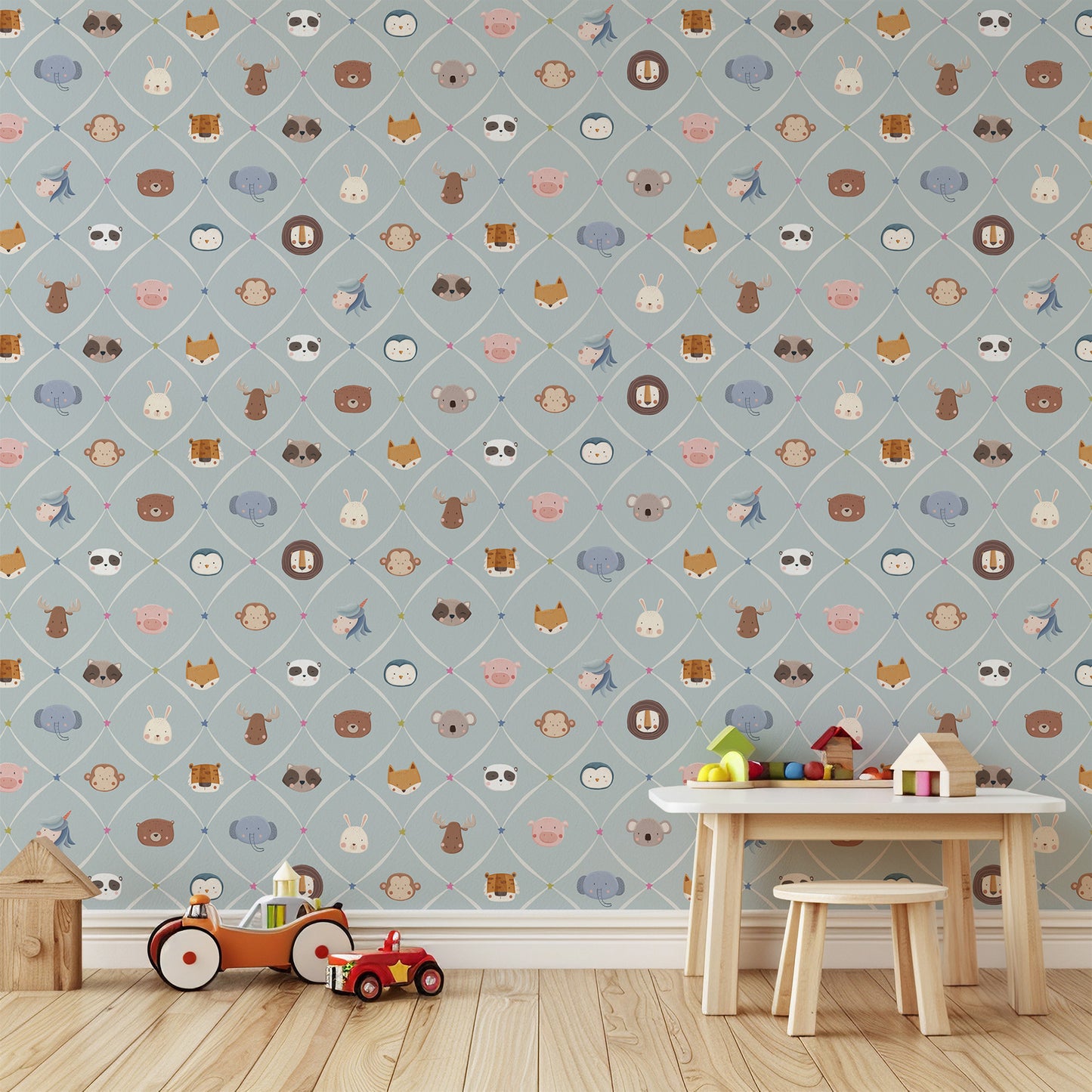 Animal Faces in Diamond Shapes Peel and Stick Wallpaper - Animals, Nursery, Illustration