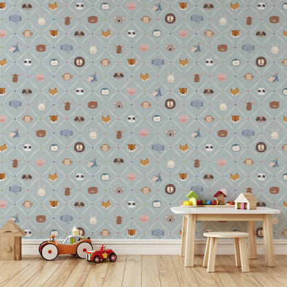 Animal Faces in Diamond Shapes Peel and Stick Wallpaper - Animals, Nursery, Illustration