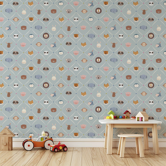 Animal Faces in Diamond Shapes Peel and Stick Wallpaper - Animals, Nursery, Illustration