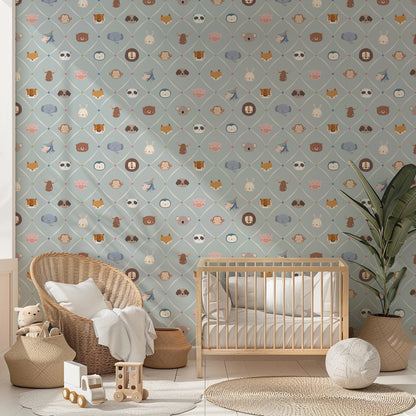 Animal Faces in Diamond Shapes Peel and Stick Wallpaper - Animals, Nursery, Illustration