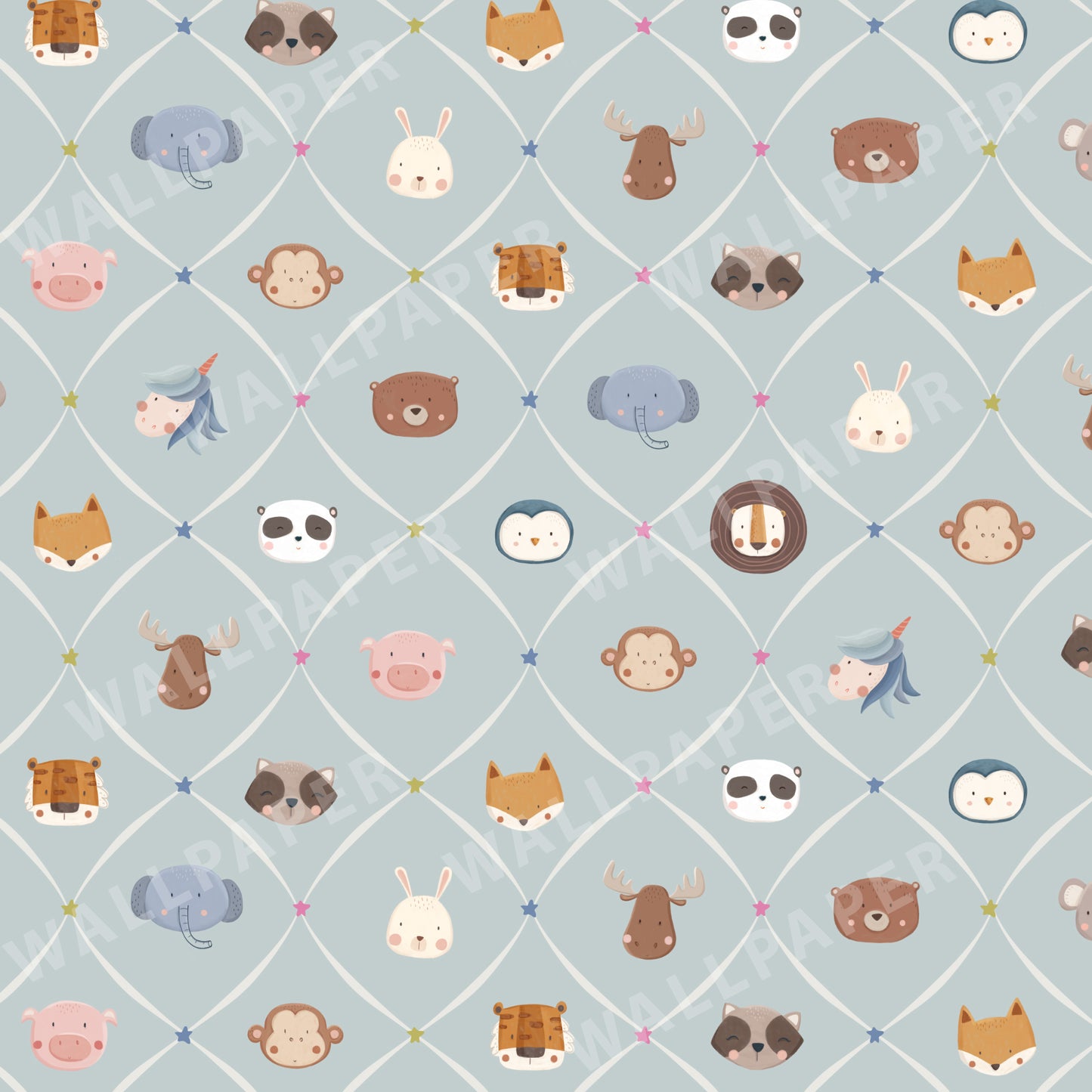 Animal Faces in Diamond Shapes Peel and Stick Wallpaper - Animals, Nursery, Illustration