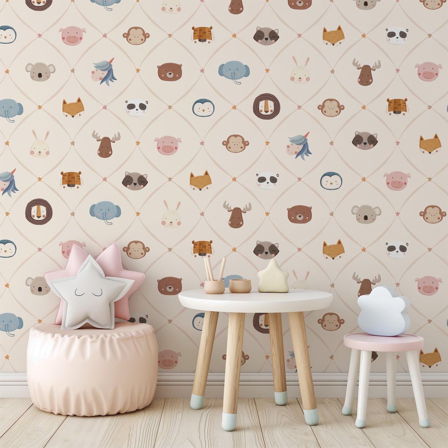 Animal Faces in Diamond Shapes Peel and Stick Wallpaper - Animals, Nursery, Illustration