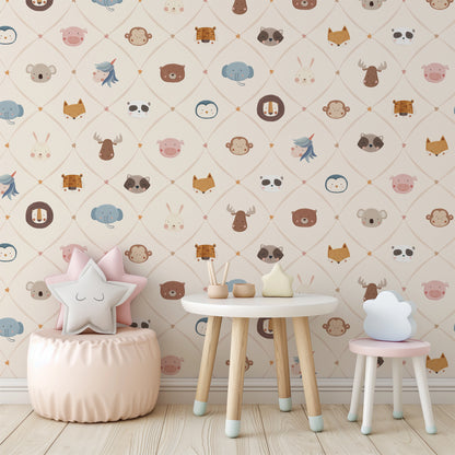 Animal Faces in Diamond Shapes Peel and Stick Wallpaper - Animals, Nursery, Illustration