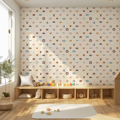 Animal Faces in Diamond Shapes Peel and Stick Wallpaper - Animals, Nursery, Illustration