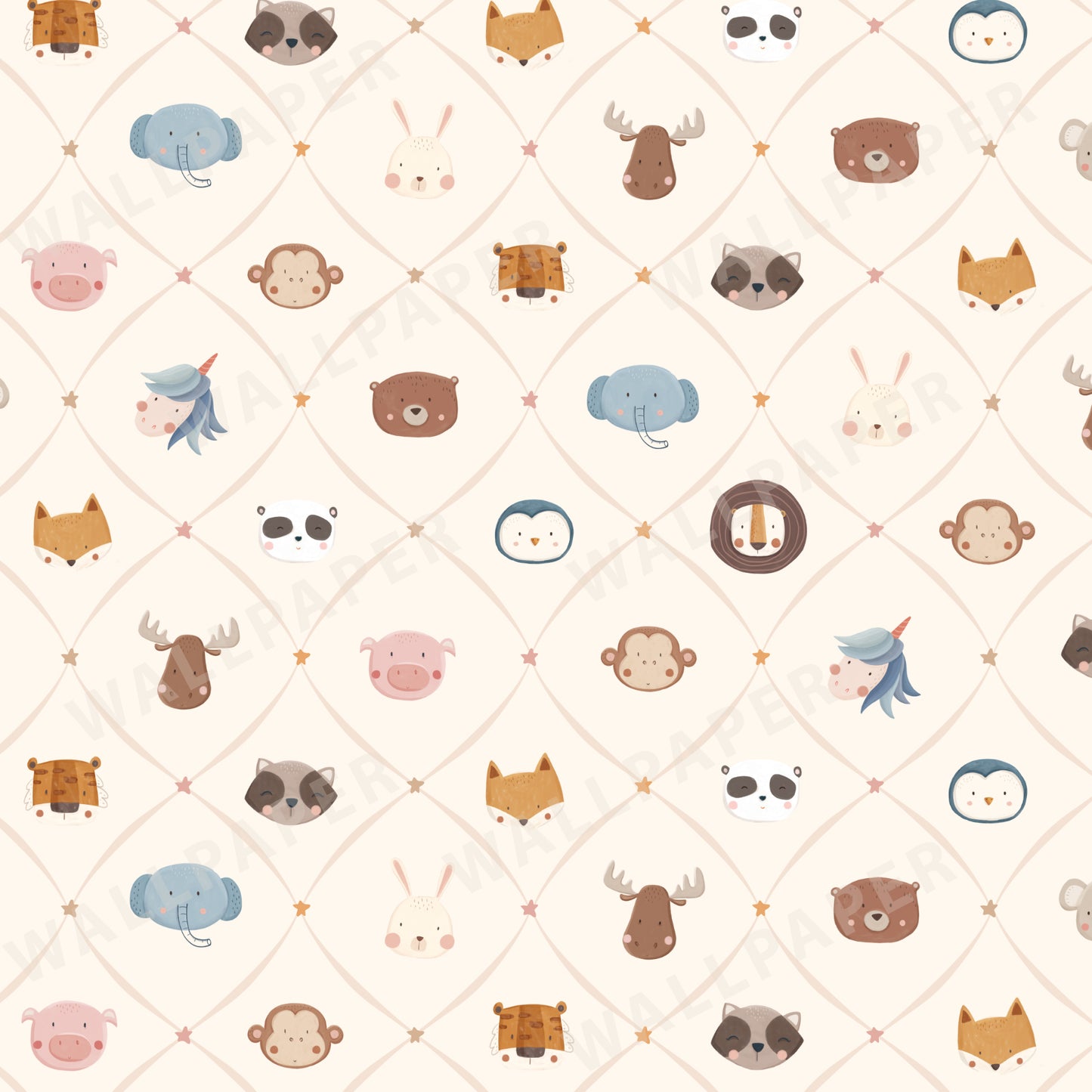 Animal Faces in Diamond Shapes Peel and Stick Wallpaper - Animals, Nursery, Illustration