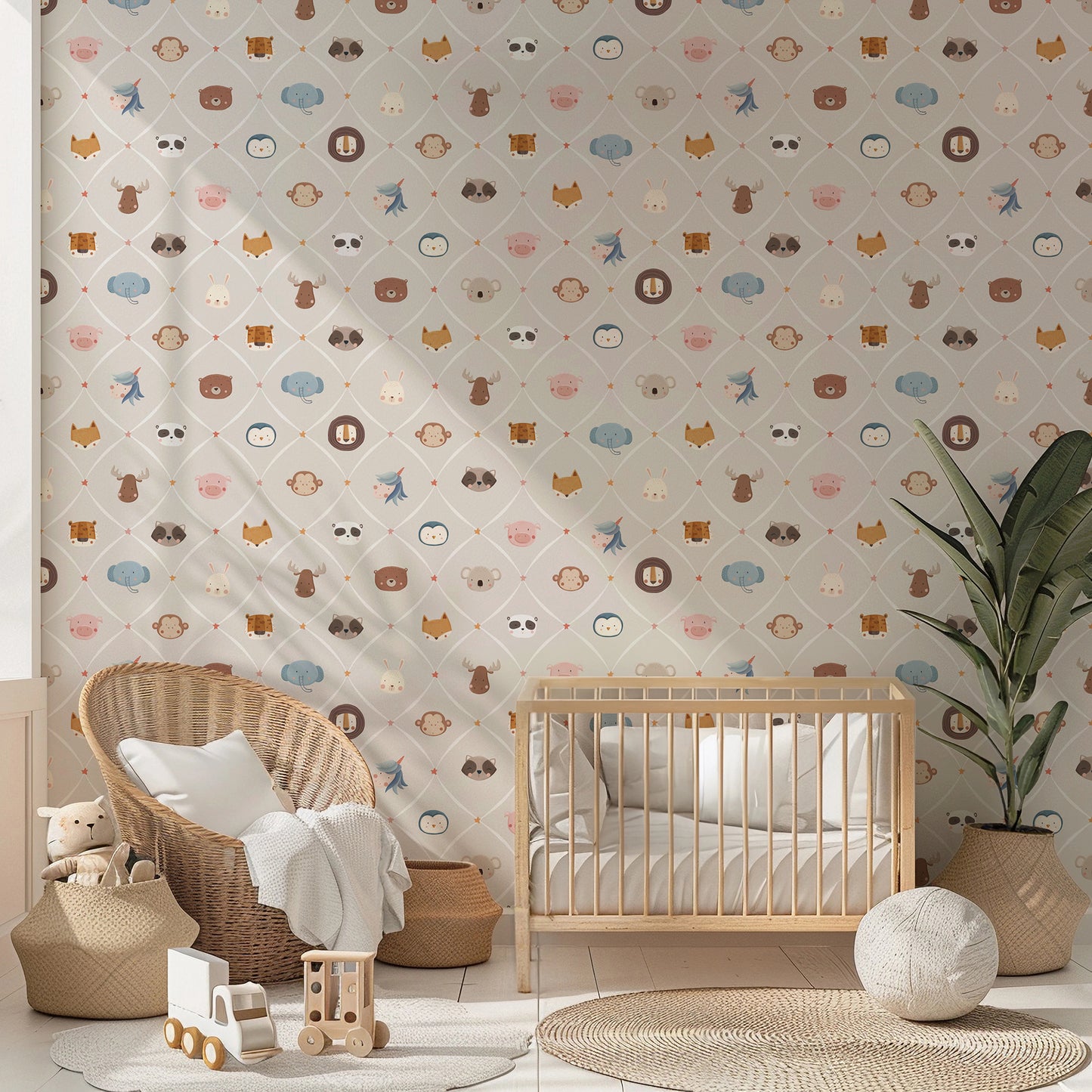 Animal Faces in Diamond Shapes Peel and Stick Wallpaper - Animals, Nursery, Illustration