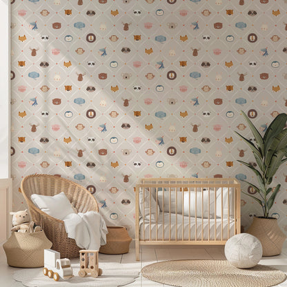 Animal Faces in Diamond Shapes Peel and Stick Wallpaper - Animals, Nursery, Illustration