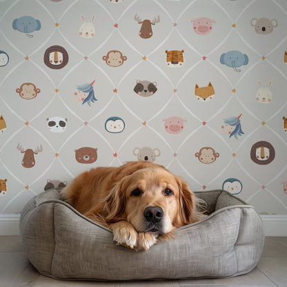 Animal Faces in Diamond Shapes Peel and Stick Wallpaper - Animals, Nursery, Illustration