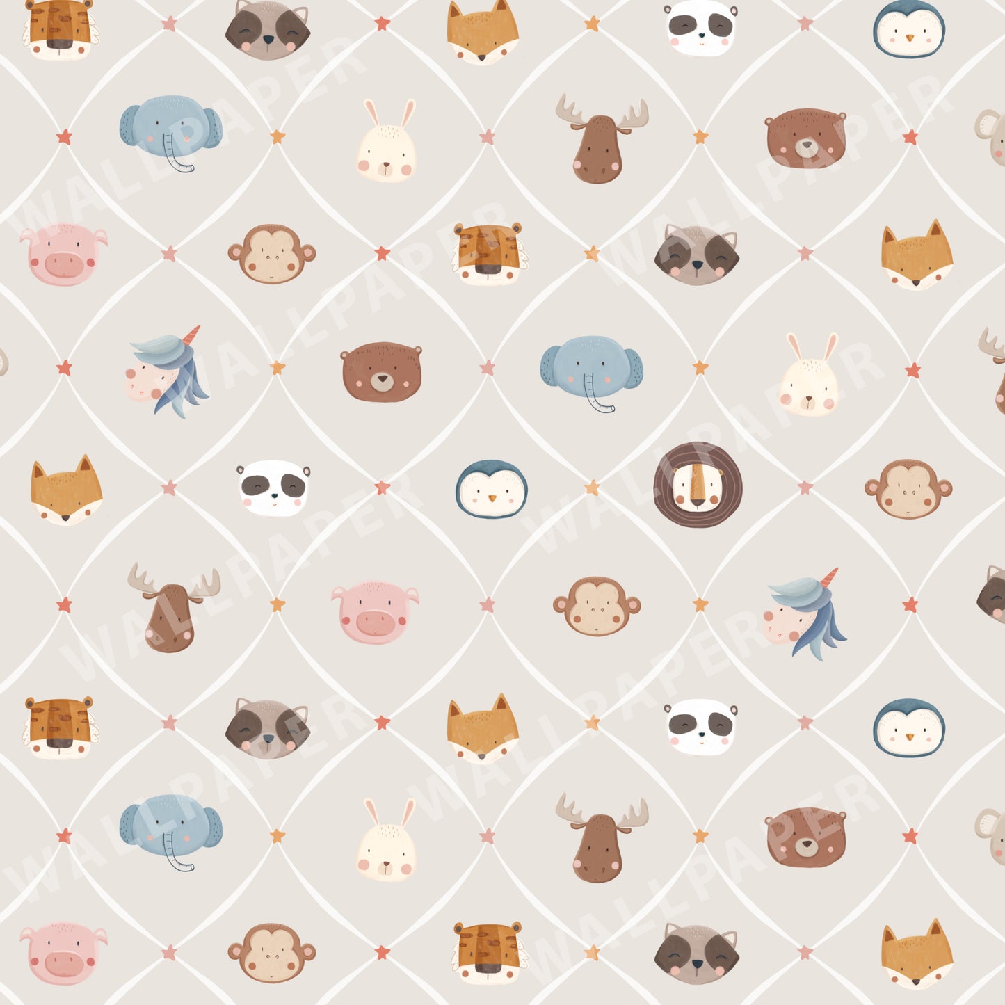 Animal Faces in Diamond Shapes Peel and Stick Wallpaper - Animals, Nursery, Illustration