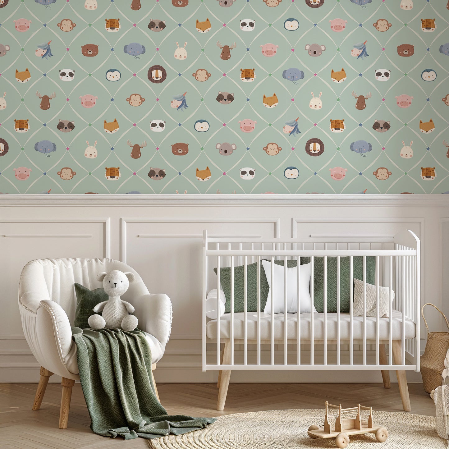 Animal Faces in Diamond Shapes Peel and Stick Wallpaper - Animals, Nursery, Illustration