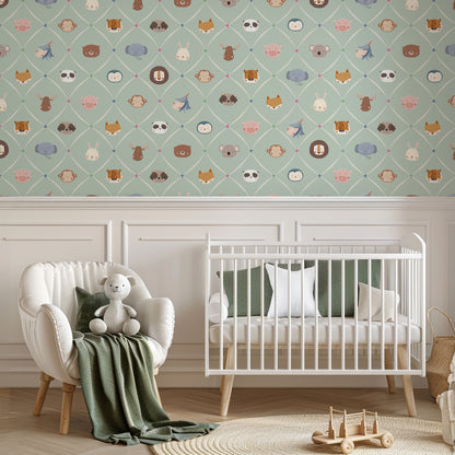 Animal Faces in Diamond Shapes Peel and Stick Wallpaper - Animals, Nursery, Illustration