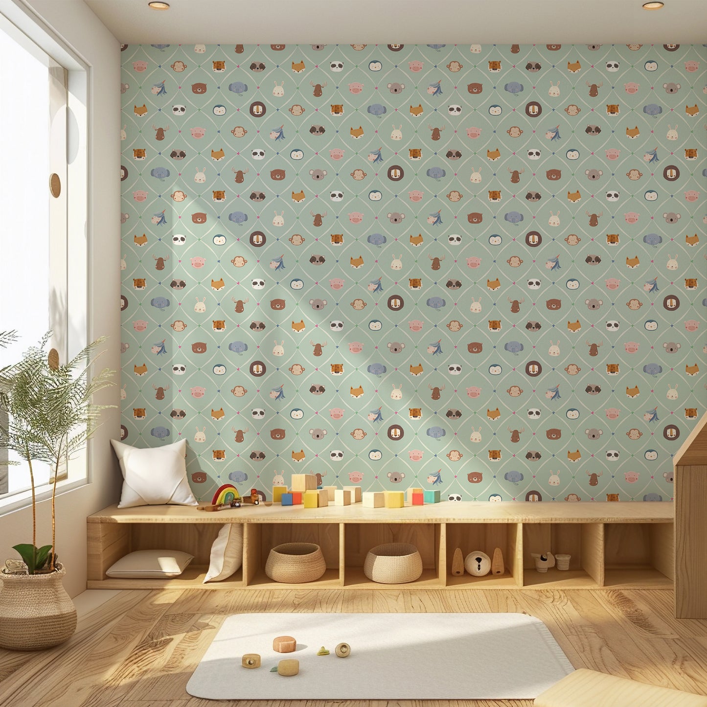 Animal Faces in Diamond Shapes Peel and Stick Wallpaper - Animals, Nursery, Illustration