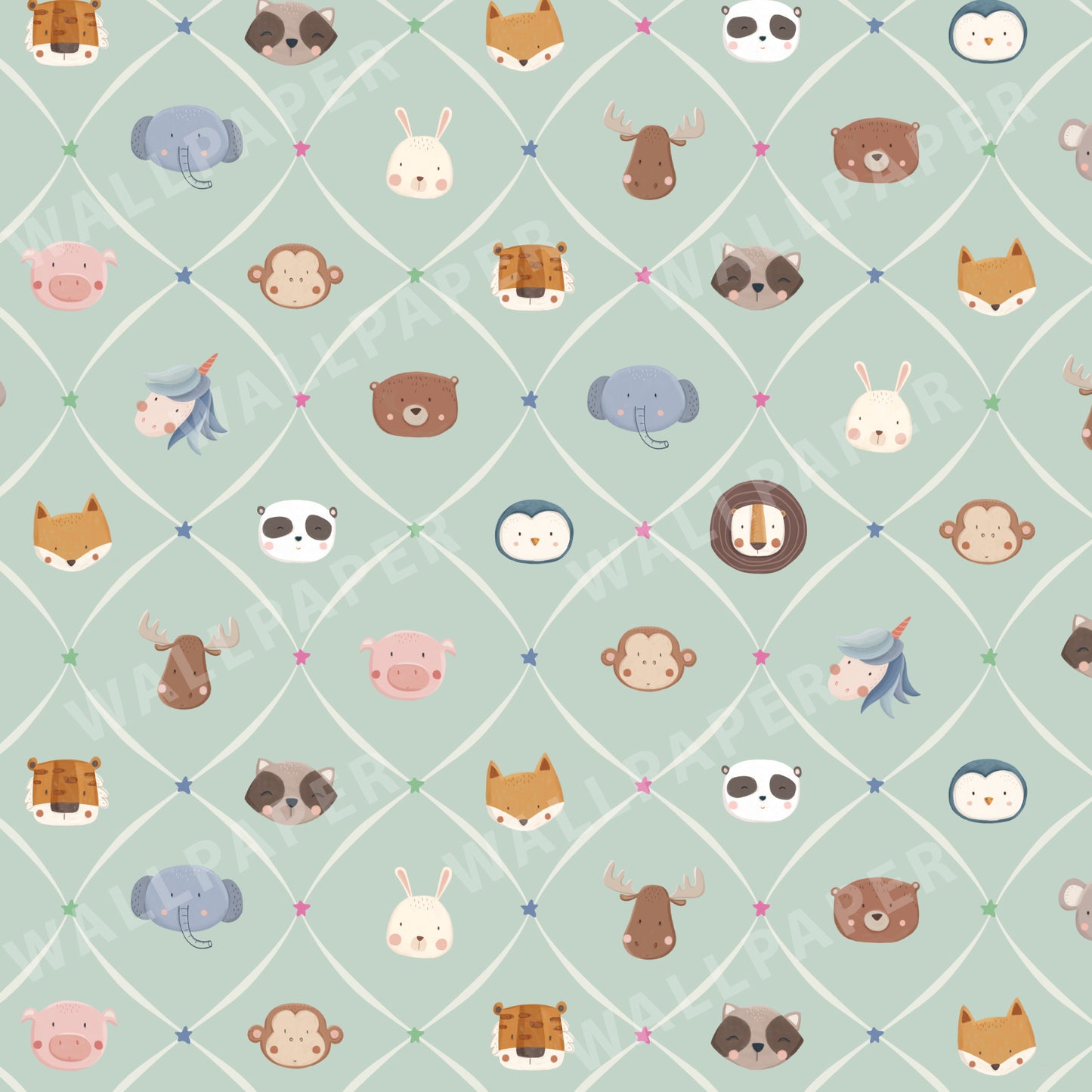 Animal Faces in Diamond Shapes Peel and Stick Wallpaper - Animals, Nursery, Illustration